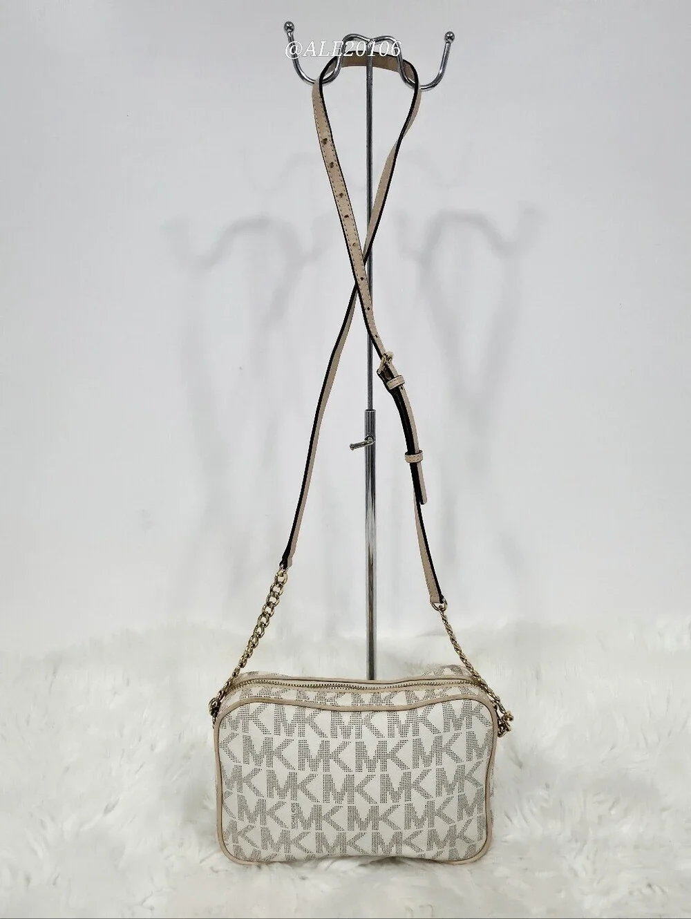 Michael Kors Beige Cream MK Monogram Crossbody Bag Gold Chain Purse